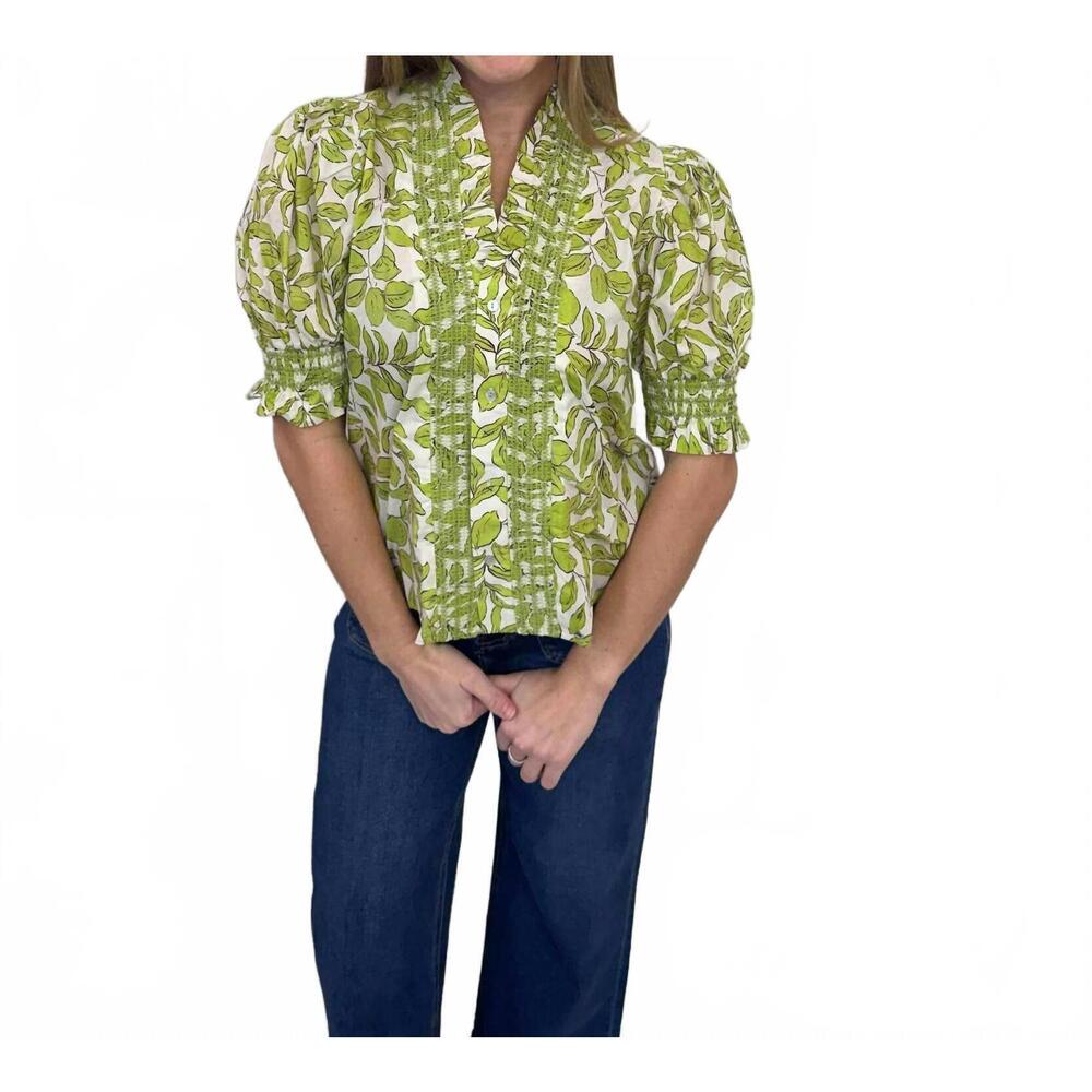 NEW GLAM ruffle v-neck smocked puff sleeve blouse in olive - Picture 5 of 5